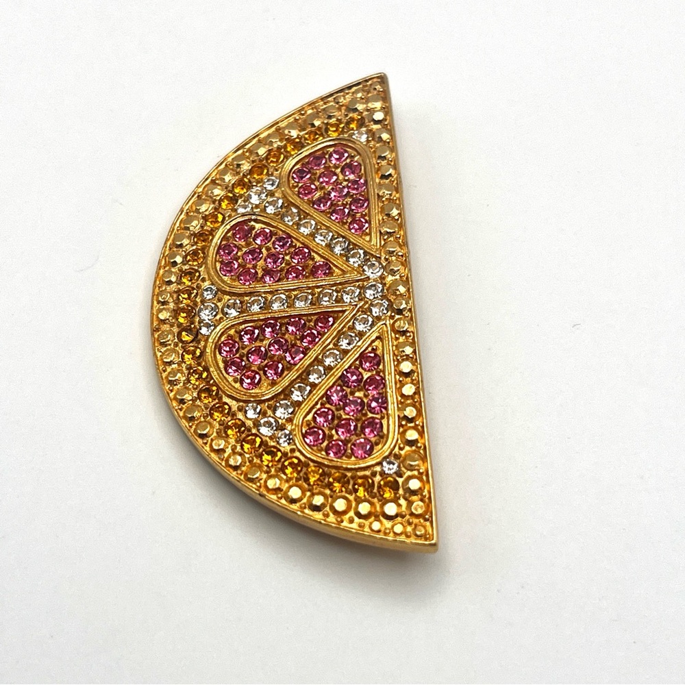 Vintage Carlisle Signed Swarovski Rhinestone Pink Gold Grapefruit Brooch - Picture 9 of 10